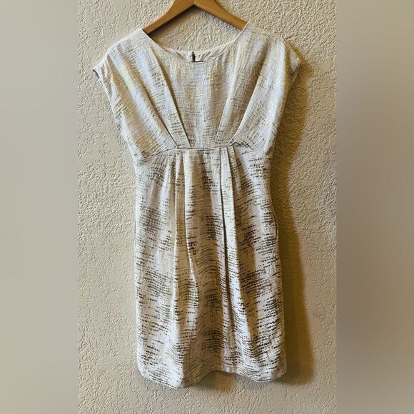 Shoshana A-line Cocktail Dress Sz 4 Cream Metallic Gold Threads Lined Cap Sleeve - Picture 2 of 11